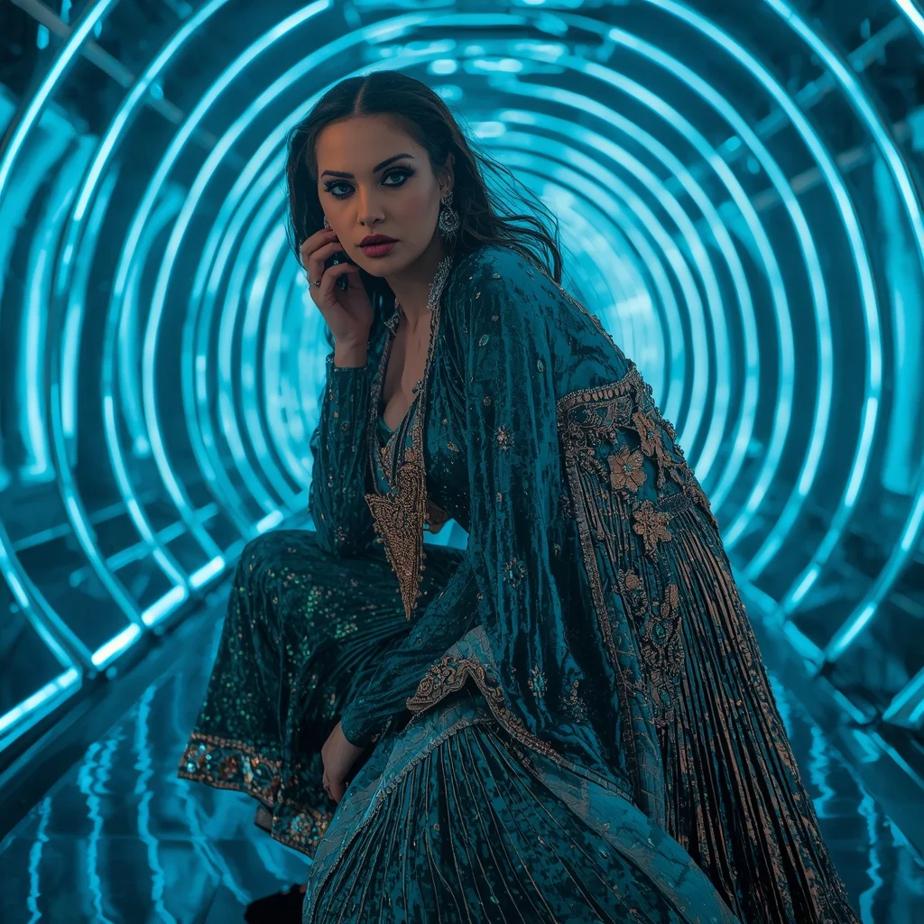 Iridescent Peacock and Chrome-Pleat Saree in Curve Corridor | Copy Paste Ai Prompt