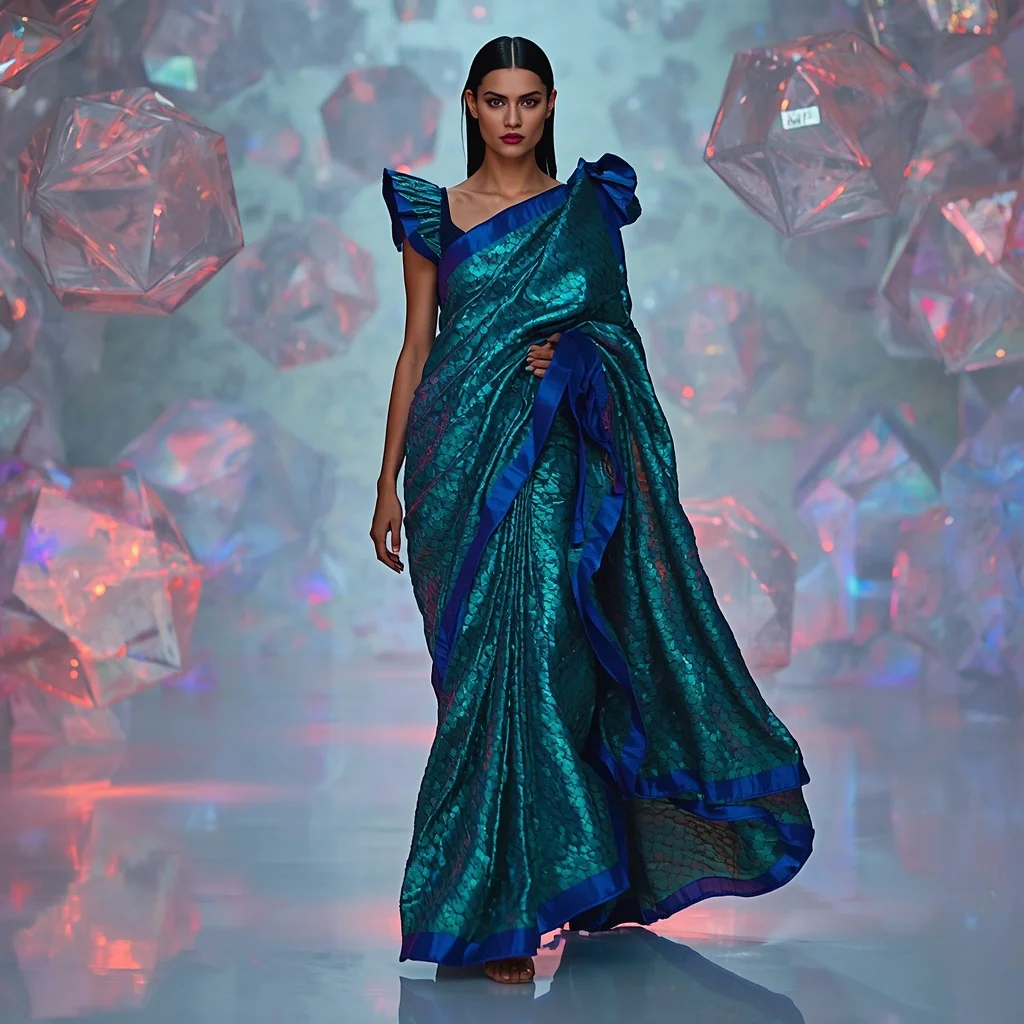 Iridescent Peacock-Scale Sequin Saree with Avant-Garde Draping | Ai Photo Editing Prompt
