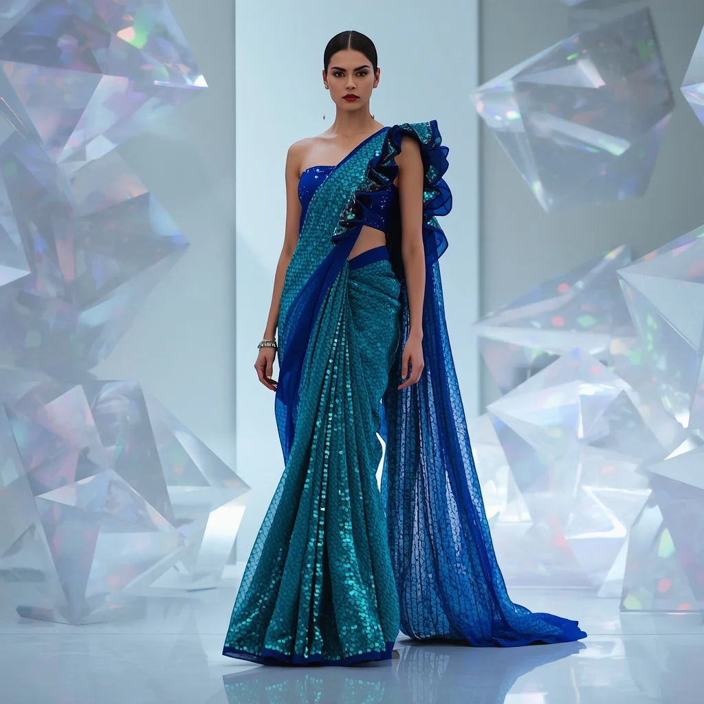 Iridescent Teal-Scale Sequin Saree with Avant-Garde Draping | Ai Portrait Prompt