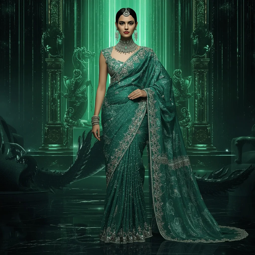 Jade Dragon Maharani Saree with Emerald Crystal Empires and Imperial Dragon Cosmos | New Instagram Trend Prompt For Girl Copy And Paste