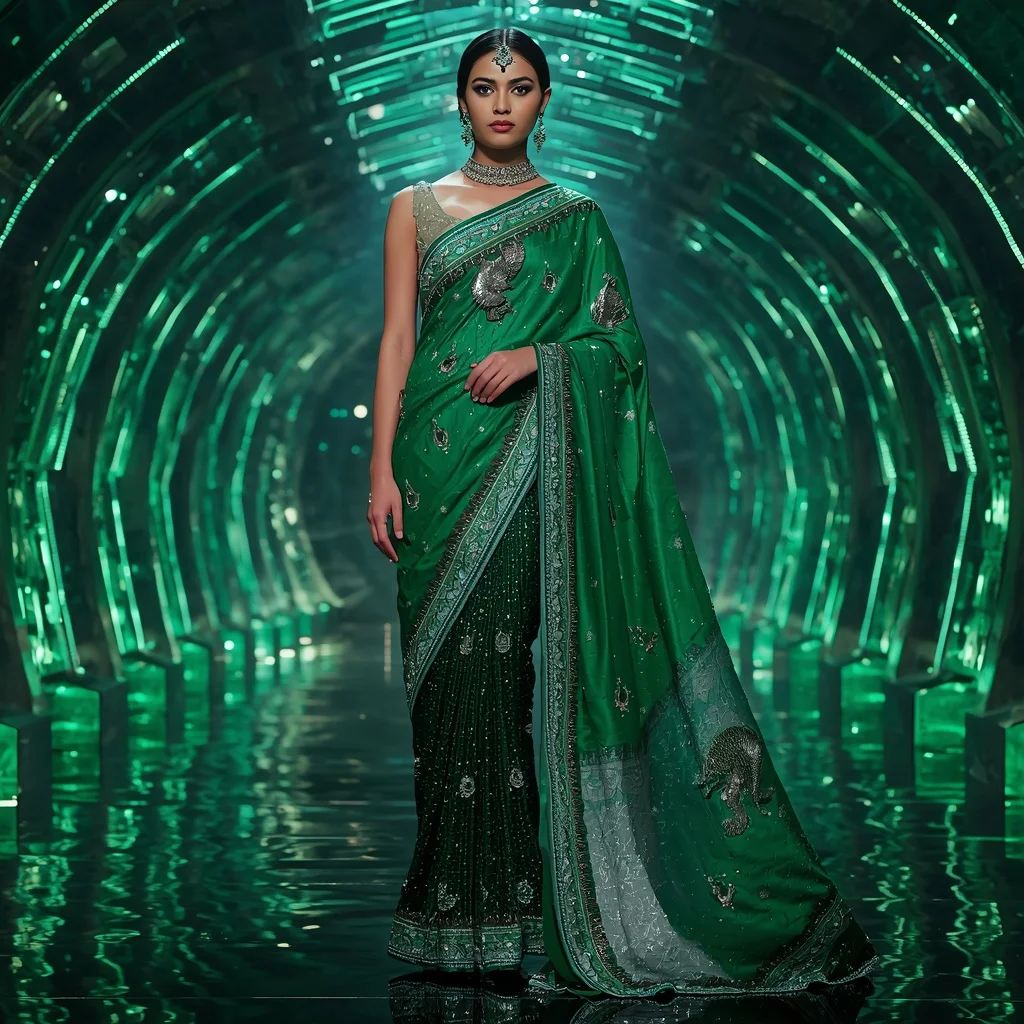 Jade Storm Dragon Saree with Emerald Crystal Infinity Vault | Sora Ai Prompt