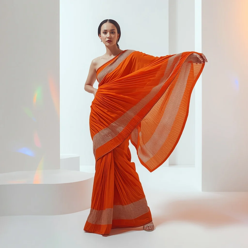 Kinesthetic Shape-Memory Saree in Sunset Orange and Silver | Gemini Prompt