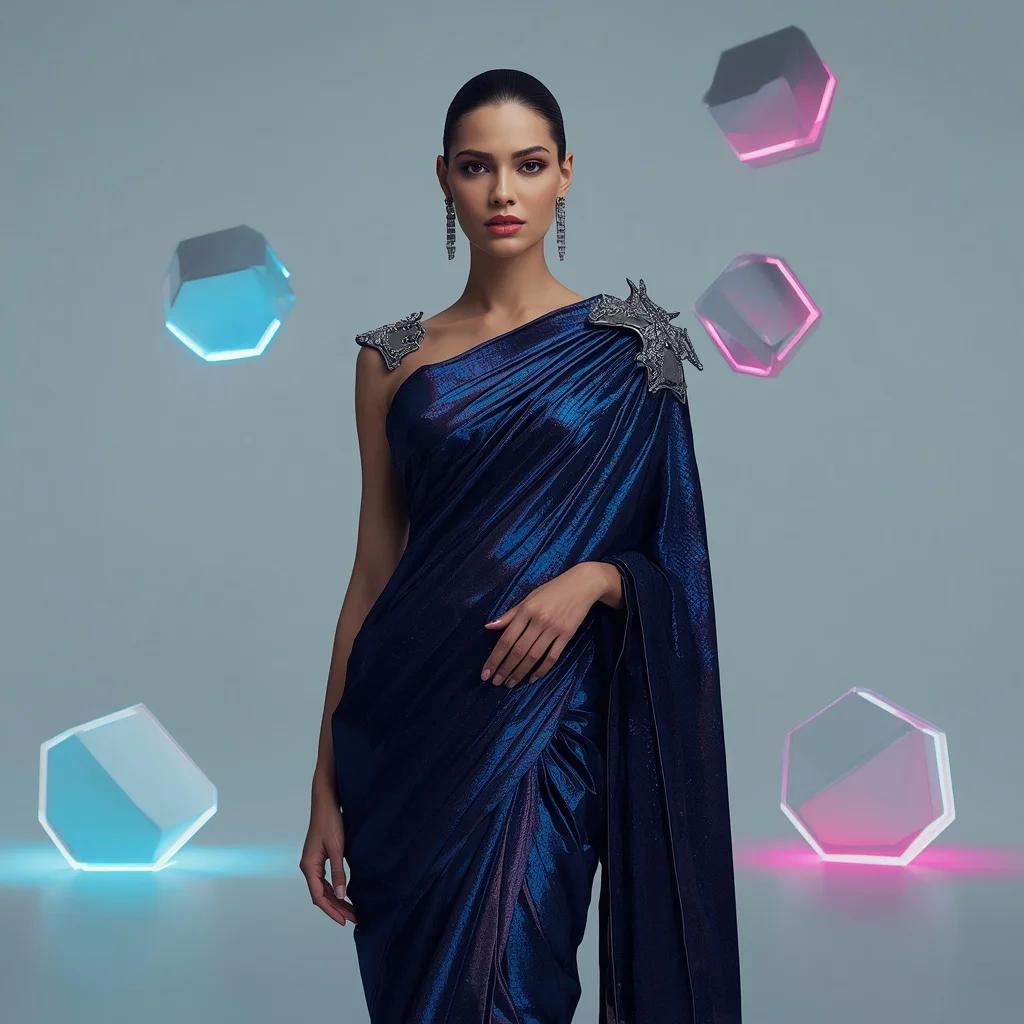 Kinetic Neon-Cyber Saree with Sculpted Metallic Shoulders | New Instagram Trend Prompt For Girl And Boy