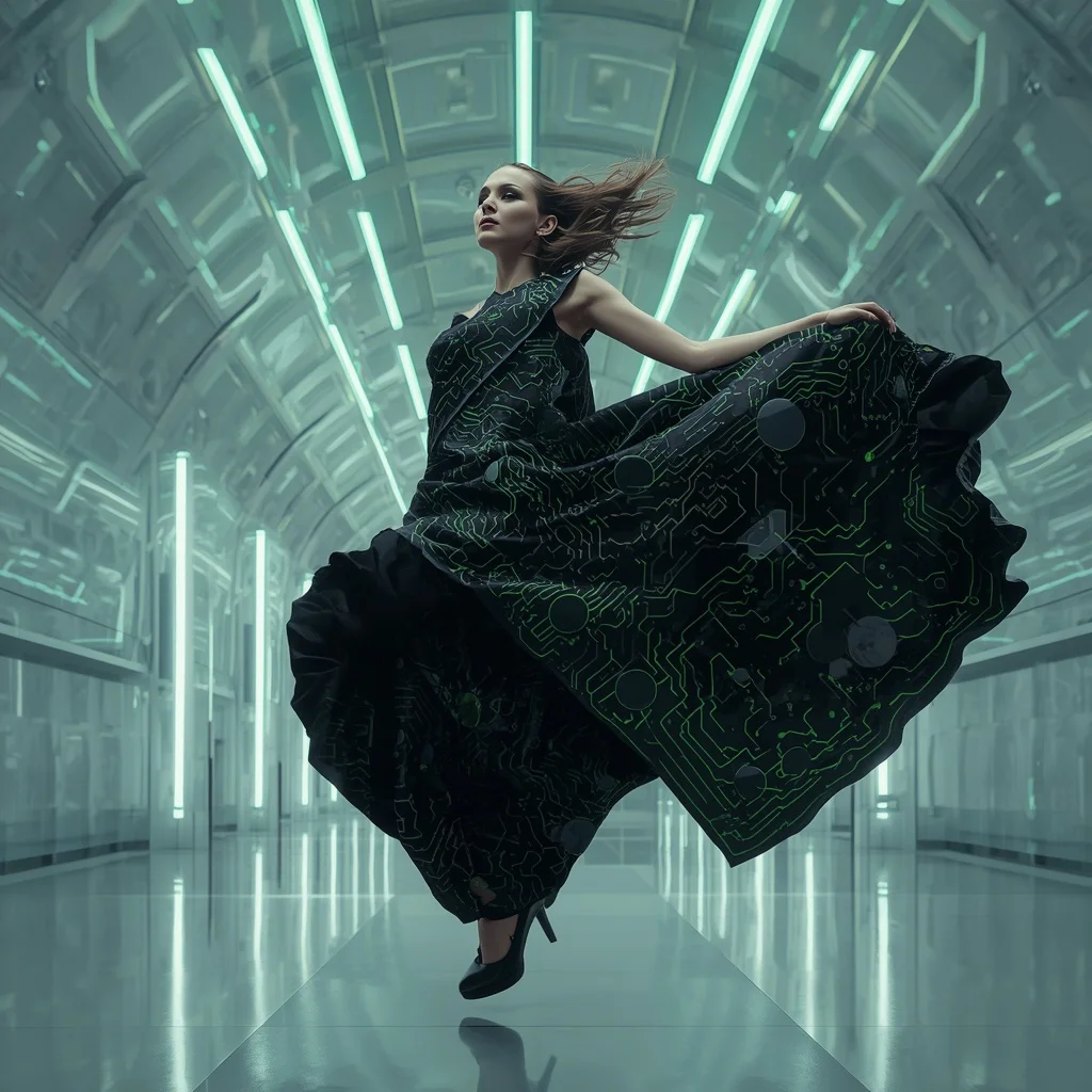 Kinetic Neon-Veined Obsidian Saree with Floating Glass Prism Hall | Free Ai Prompt