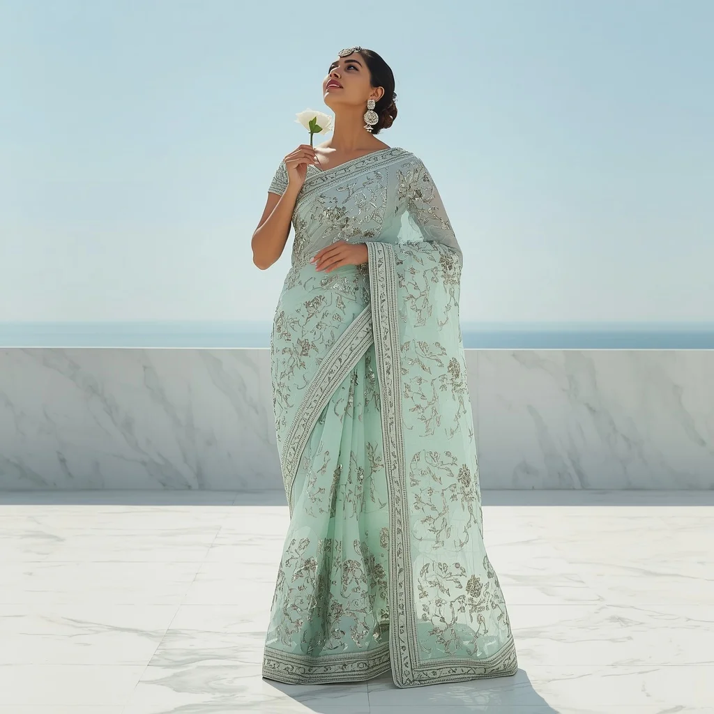 Laser-Cut Metallic Foil Seafoam Green Saree | Poised Looking Up Pose | Viral Instagram Ai Prompt