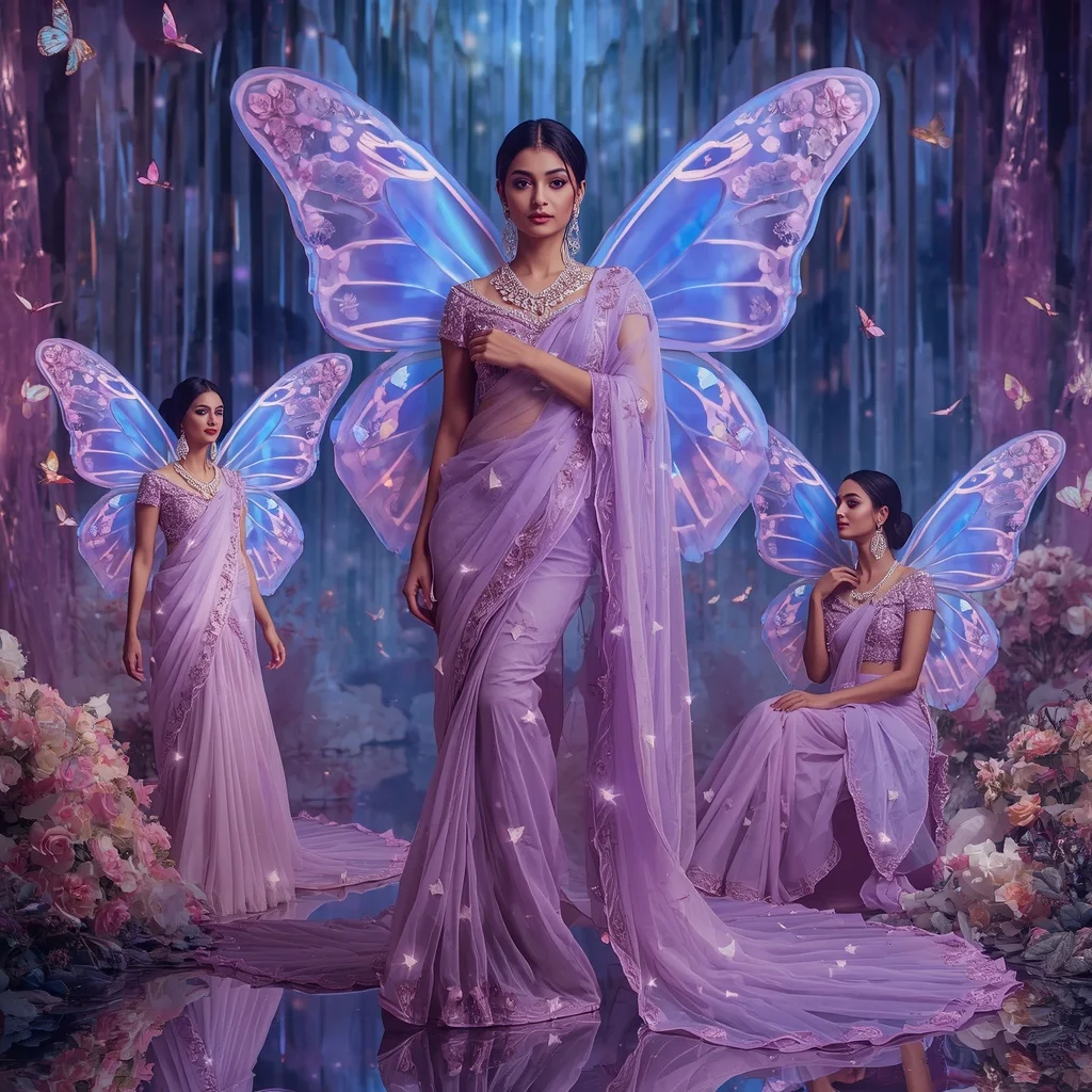 Lavender Aurora Butterfly Saree with Multiple Editorial Poses and Crystal Garden Background | Bridal Ai Prompt