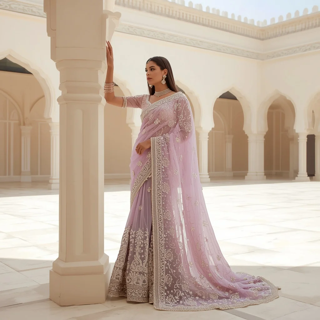 Lavender Massive Pearl Drop & Cutwork Border Saree | Leaning on Arch Pose Advanced Design | Ai Prompt For Instagram
