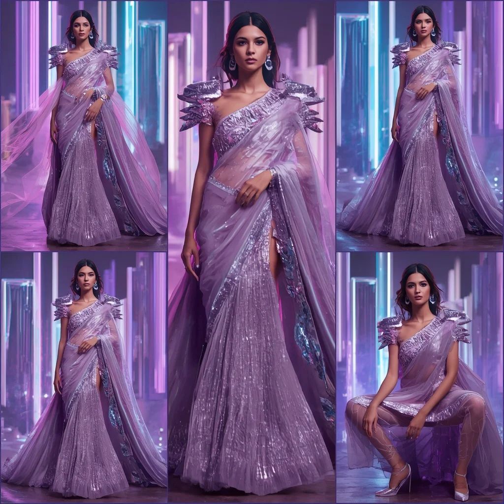 Lavender Thunder Mirage Saree with Dynamic Neon Towers | Lighting Ai Prompt