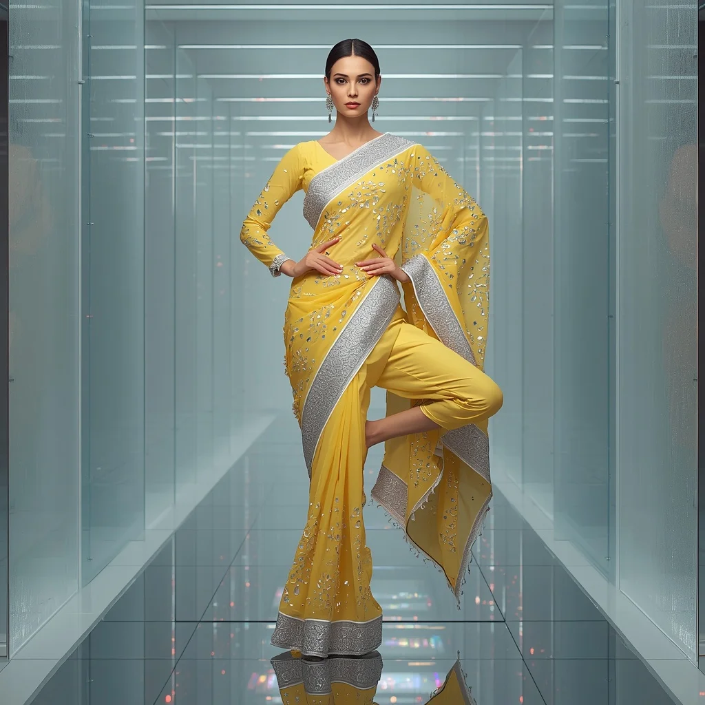 Lemon Yellow Heavy Gota Patti and Mirror Fusion Saree | Luxury Ai Prompt