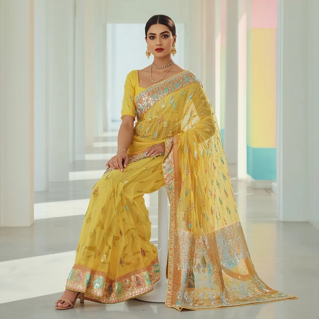 Lemon Yellow Organza Saree with 3D crystal rain pattern | Cinematic Ai Prompt
