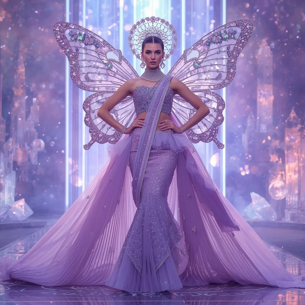 Lilac Fairy Aurora Saree with Butterfly Crystal Universes and Dreamlight Kingdom | Prompt Seen Girl Photo Editing Trending