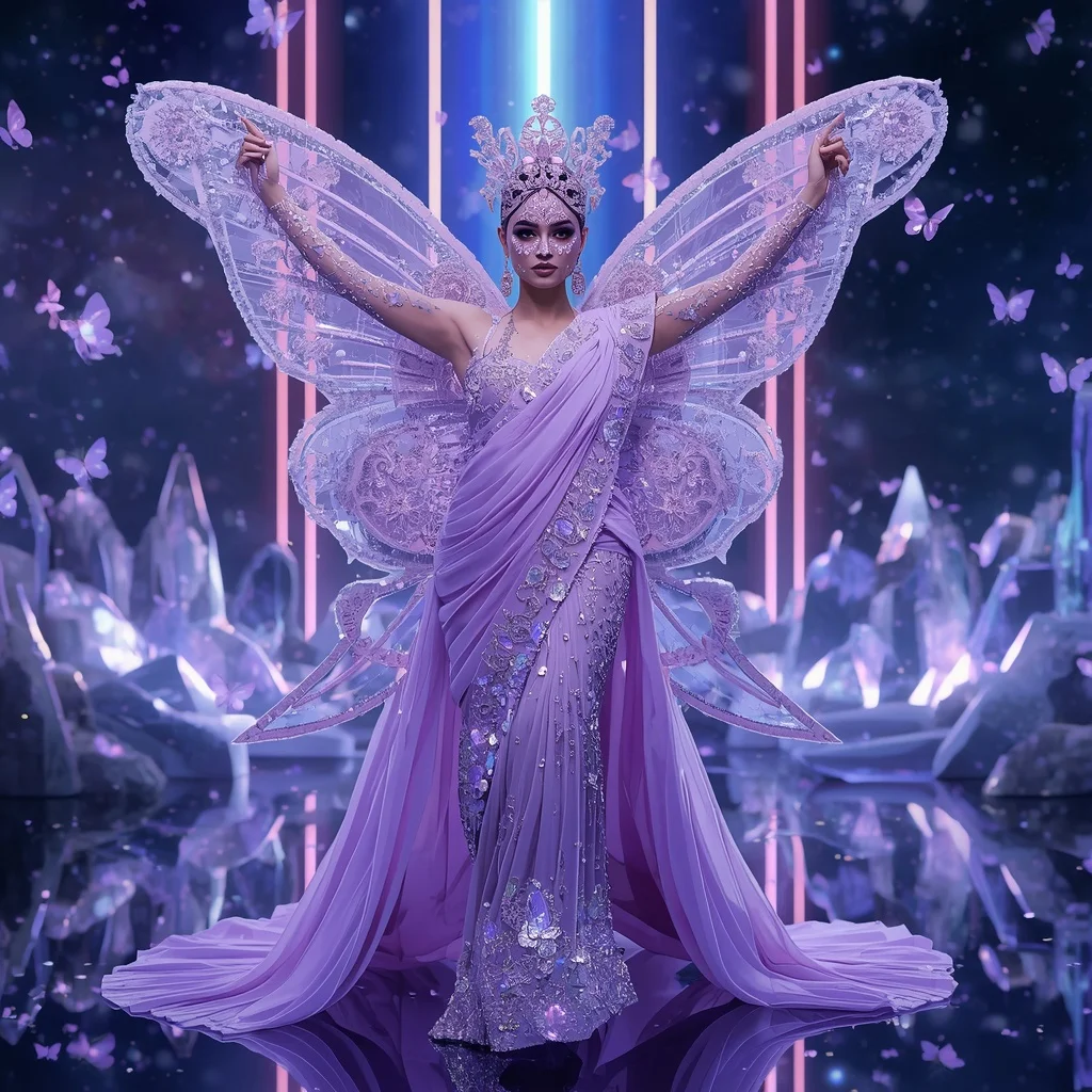Lilac Fairy Empress Saree with Butterfly Crystal Kingdoms and Aurora Dream Multiverse | Woman Pose Ai Prompt