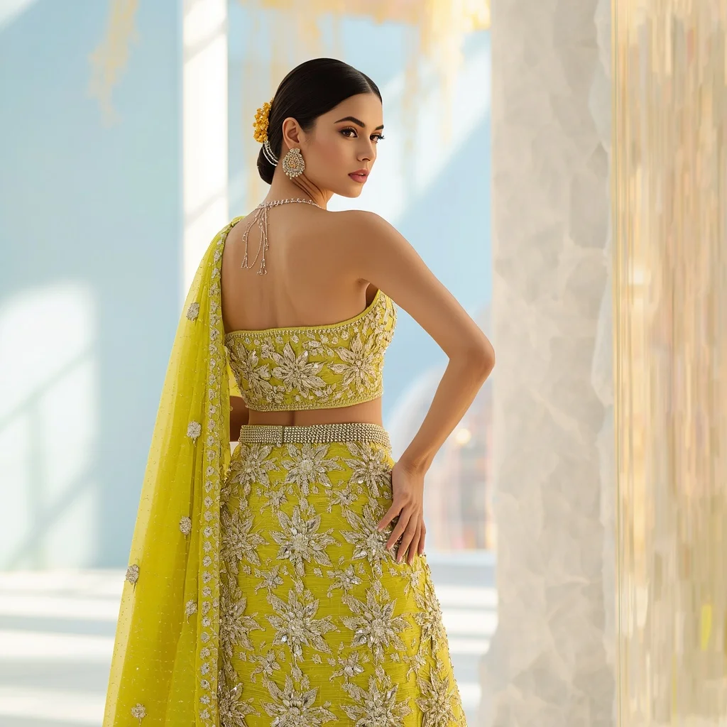Lime Yellow Diamond Encrusted Fancy Festival Saree | Instagram Viral Photo Prompt