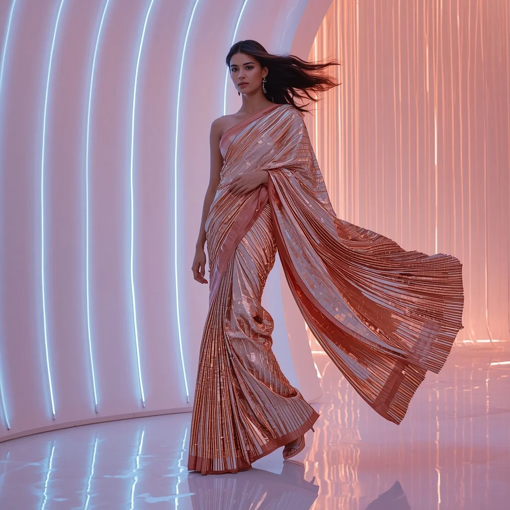 Liquid Copper and Iridescent Pearl Saree with Neon Waterfall Room | Viral Ai Image Prompt