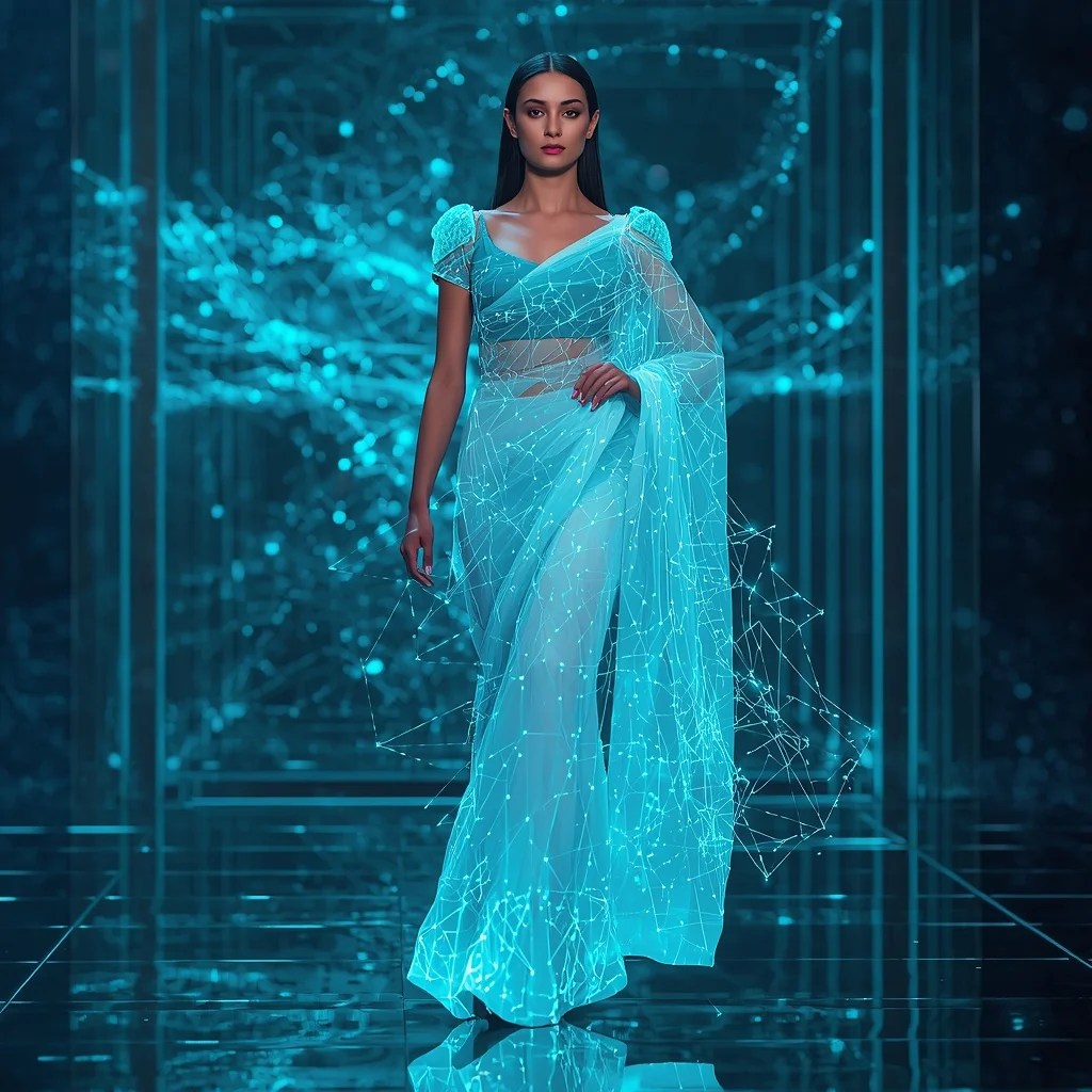 Liquid Crystal Web Saree with Floating Network Grid | Ideogram Ai Prompt