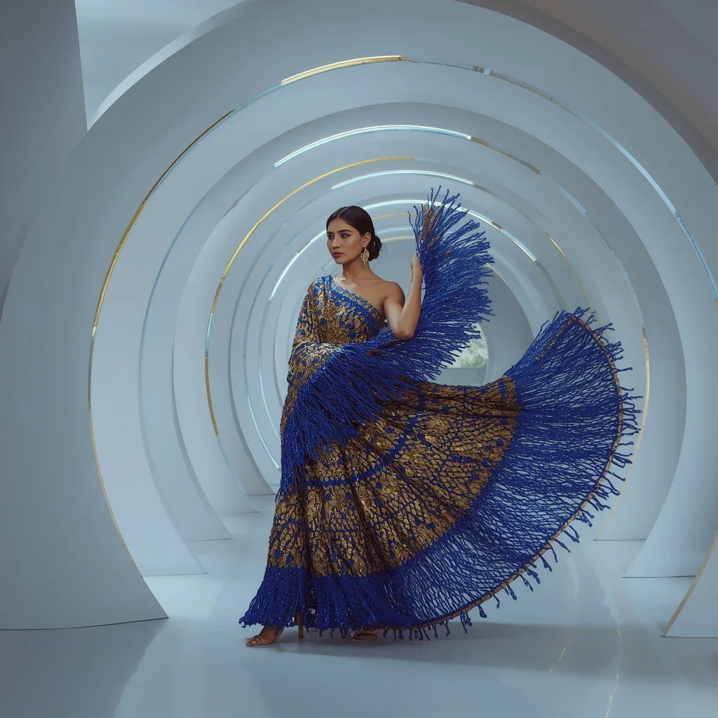 Liquid Gold and Sapphire Crystal Fringe Saree with Floating Helix Corridor | Girls Trending Prompt Gemini Instagram