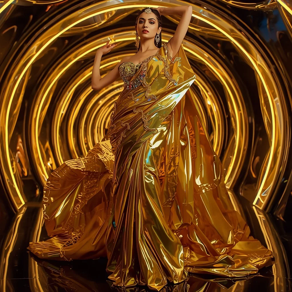 Liquid Gold Orbit Saree with Futuristic Neon Prism Tunnel | Realistic Ai Prompt