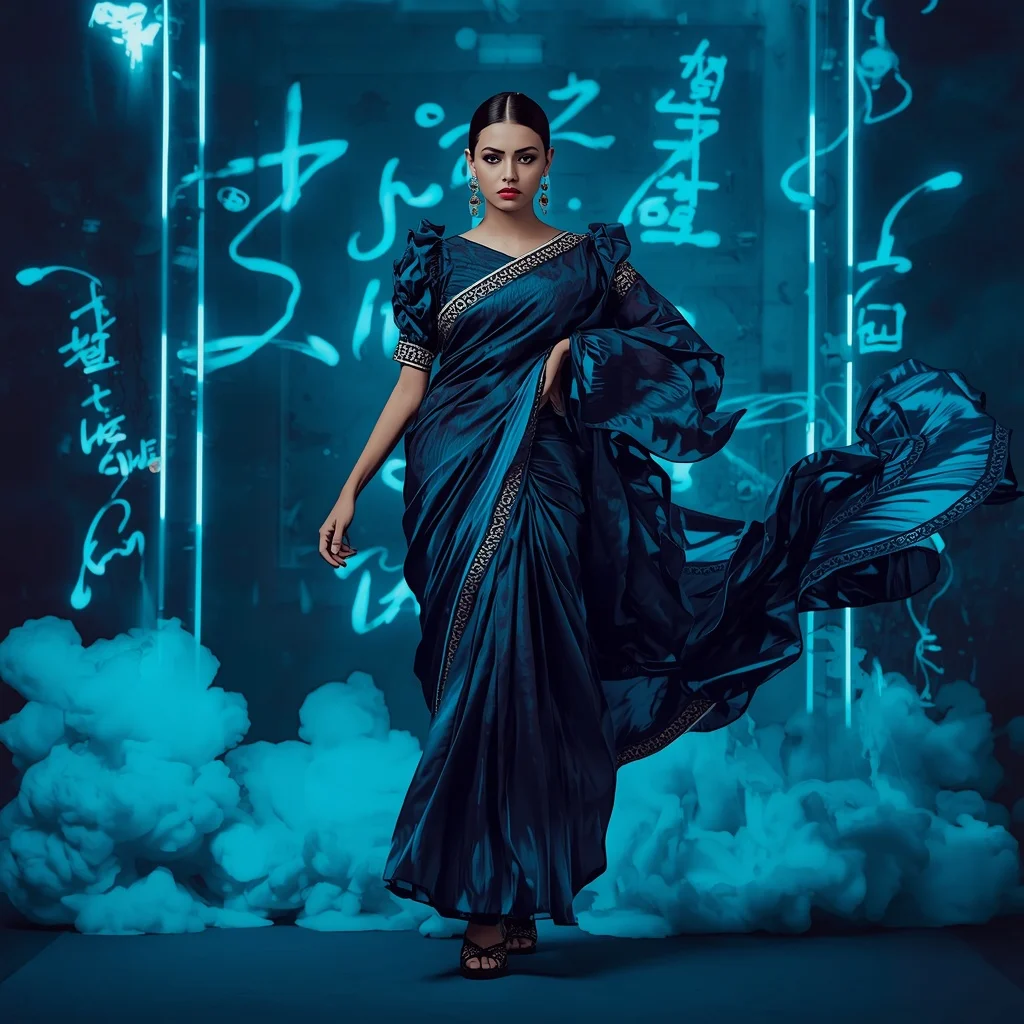 Liquid Ink Storm Saree with Floating Digital Calligraphy | Instagram Story Ai Prompt