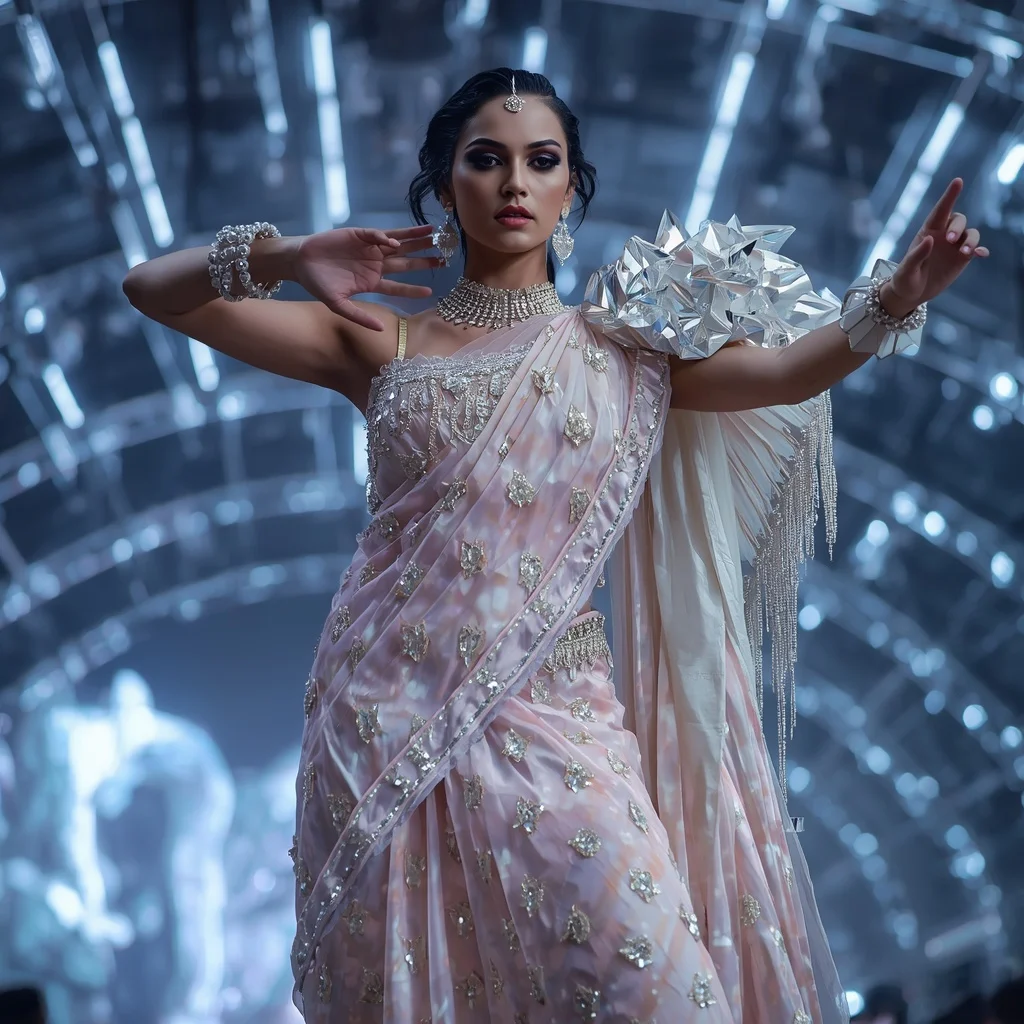 Liquid Pearl Thunder Saree with Floating Digital Prism Observatory | Image To Prompt