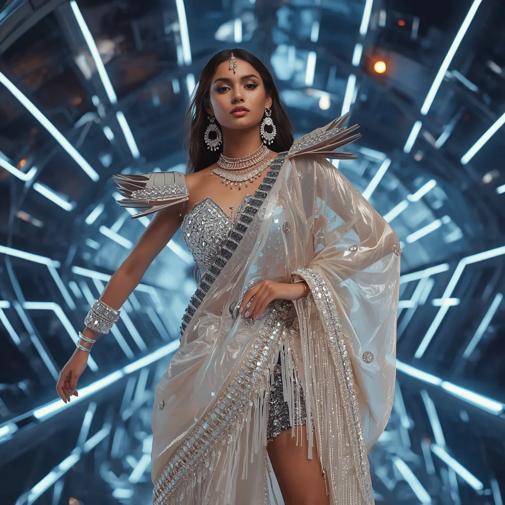 Liquid Pearl Thunder Saree with Floating Digital Prism Reflection Observatory | Prompt Seen Girls AI Photo Editing
