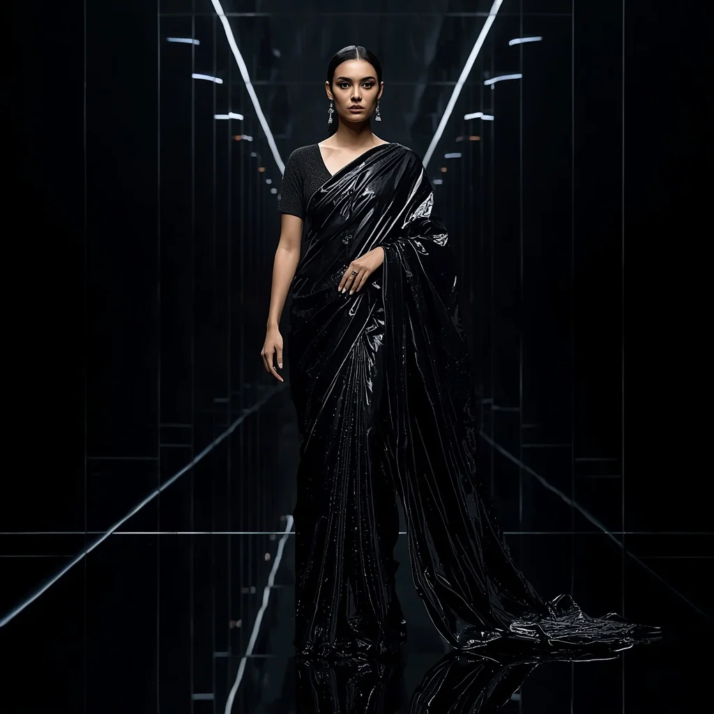 Liquid Shadow Mirror Saree with Dark Reflection Field | Beautiful Girl Prompt Generator