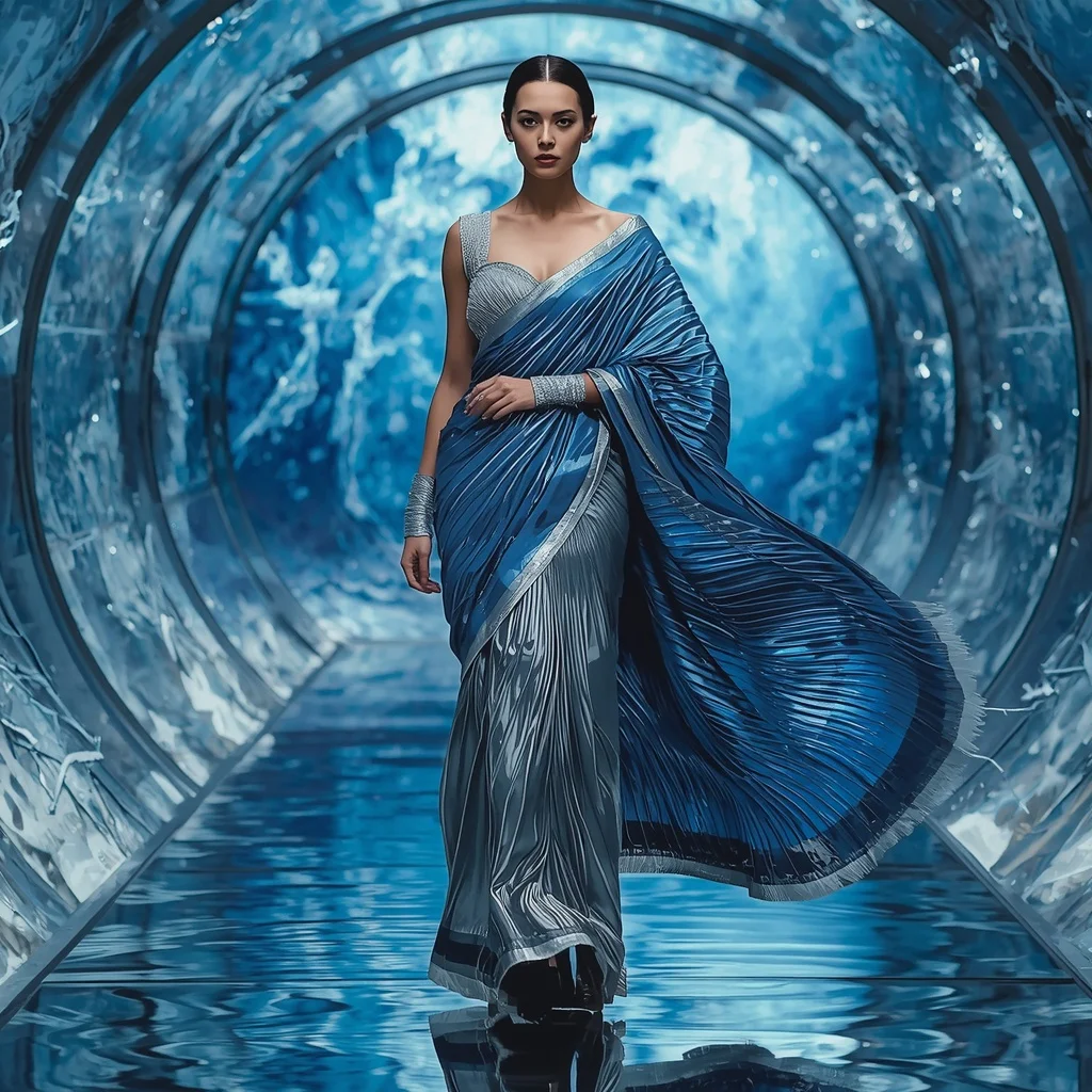 Liquid Steel Ocean Saree with Infinite Metal Waves | Saree Prompt For Gemini Girl Instagram