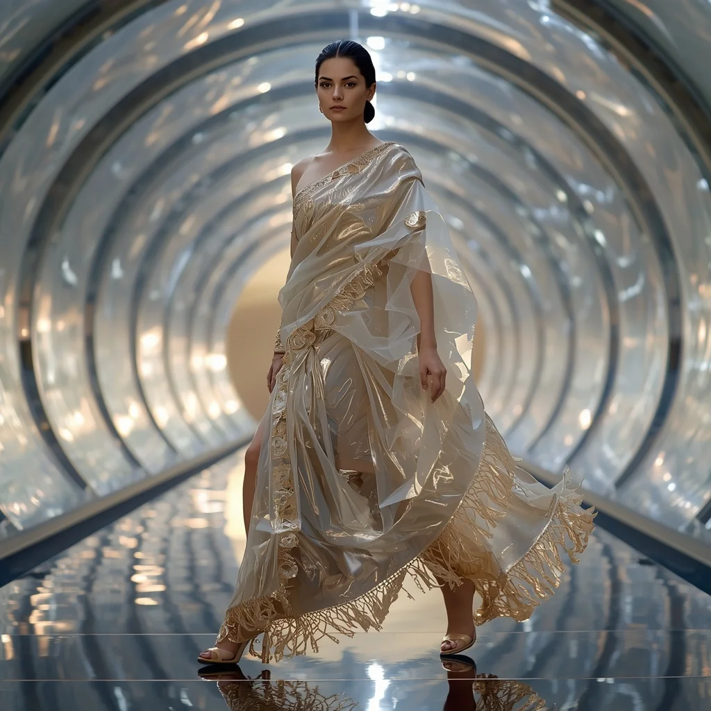 Living Glass Origami Fluid Saree with Morphing Light Pavilion | Prompt AI For Girl