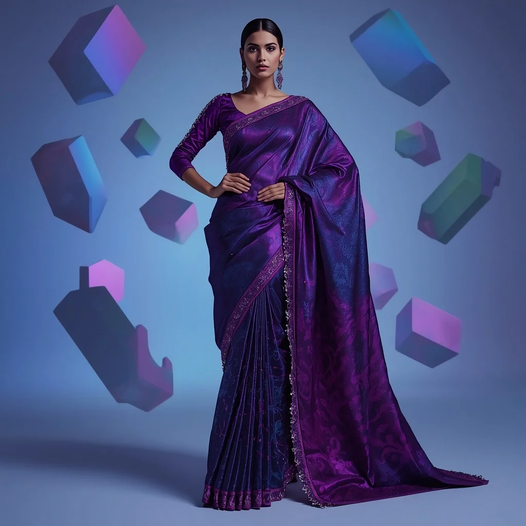 Luminescent Nebula: Deep Violet Festive Saree with Fiber-Optic Embroidery | Gemini Photo Editing Prompt