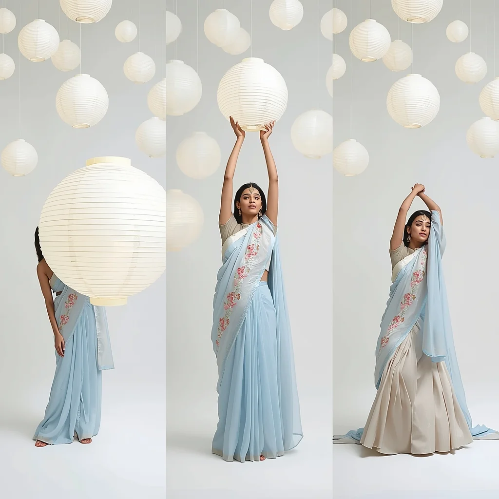 Luminous White Paper Lanterns High Fashion Studio Triptych Layout | Beautiful Saree Girl Ai Prompt Cinematic