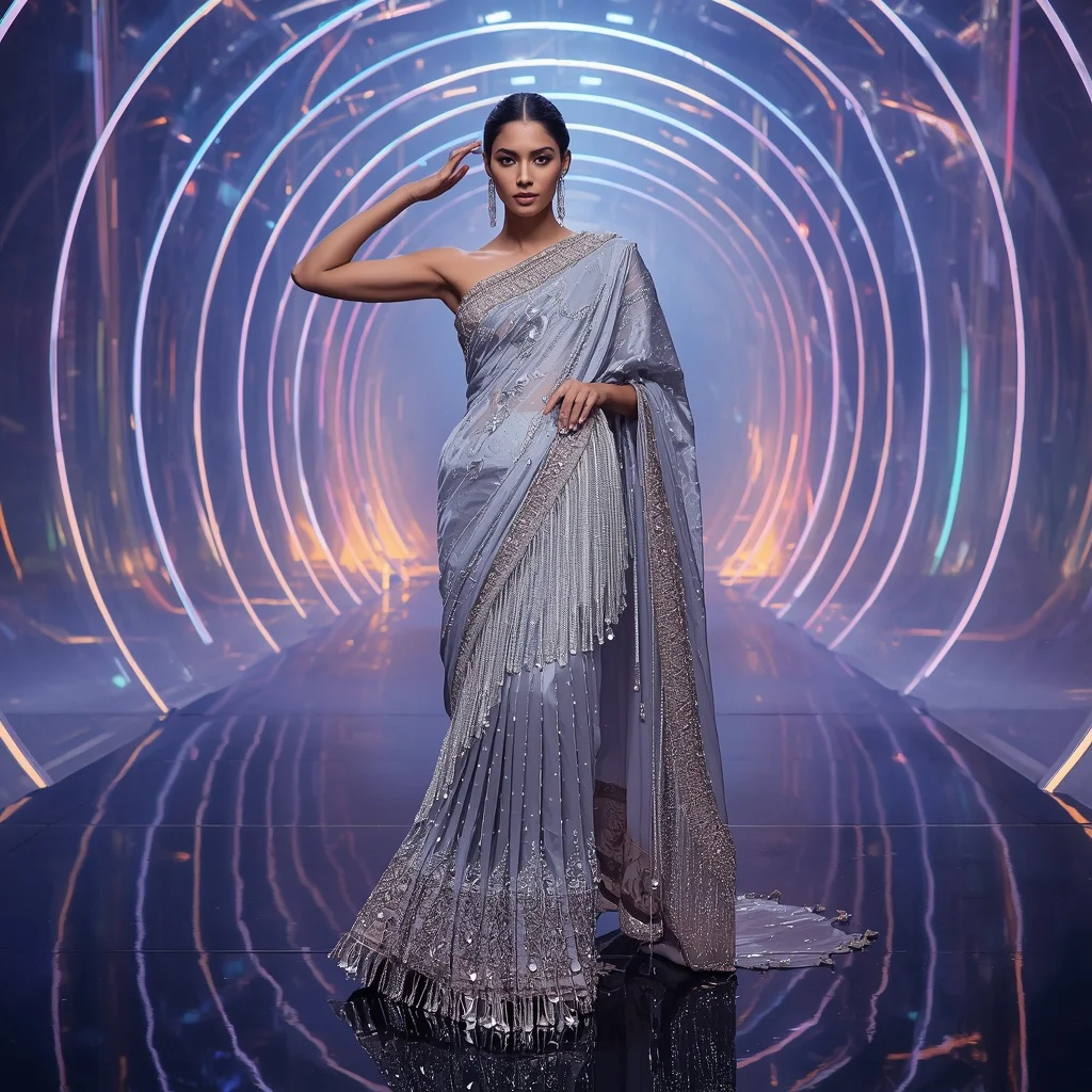 Lunar Crystal Symphony Saree with Floating Neon Aurora Spiral Hall | Indian Bridal Ai Portrait