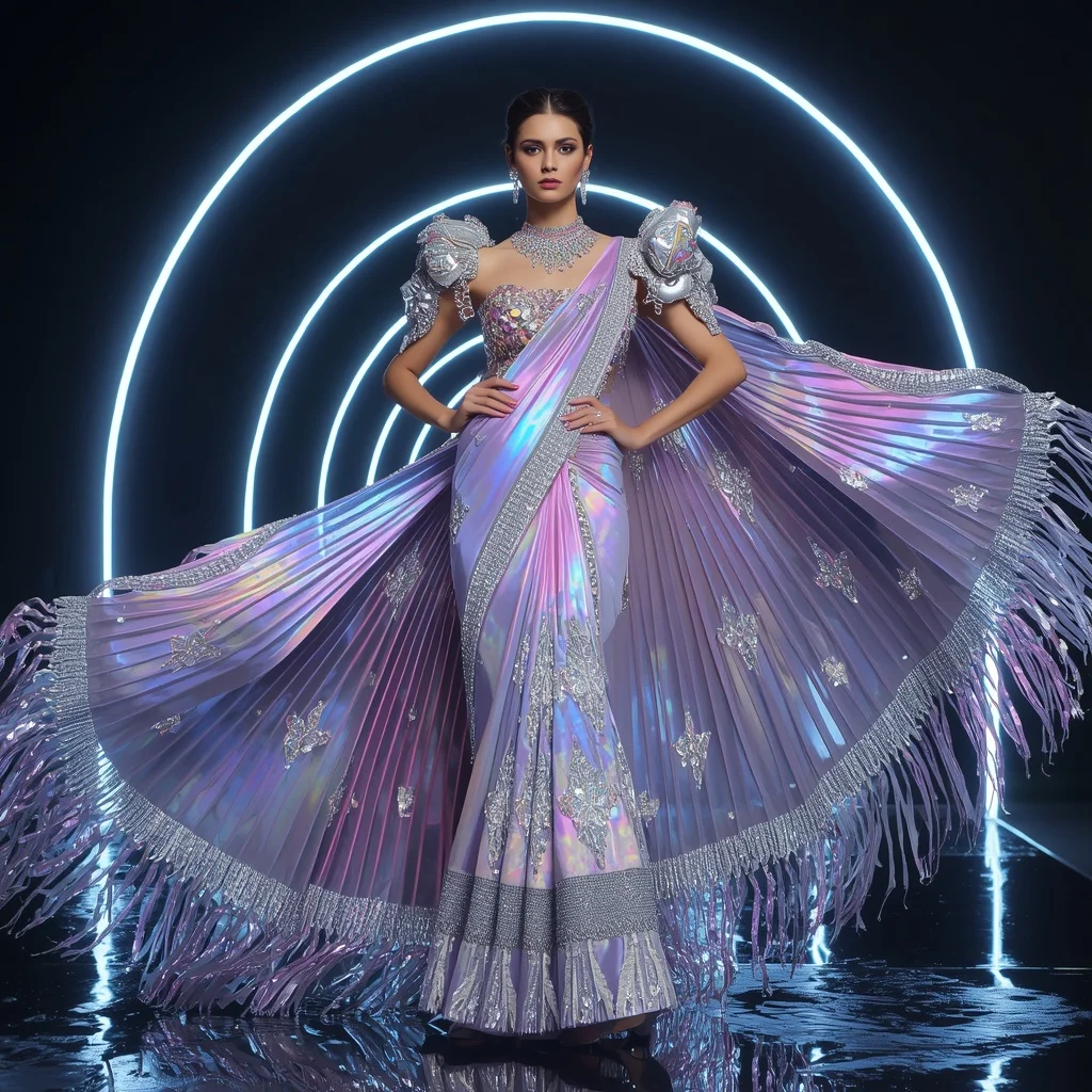 Lunar Prism Aurora Saree with Neon Arc Infinity Fortress | Gemini Prompt
