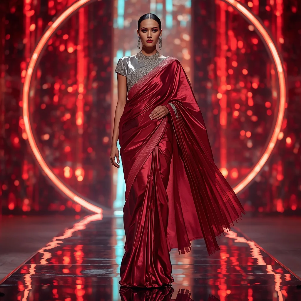 Lunar Ruby Mirage Saree with Floating Infinity Beam Reflection Infinity Orbit Dome