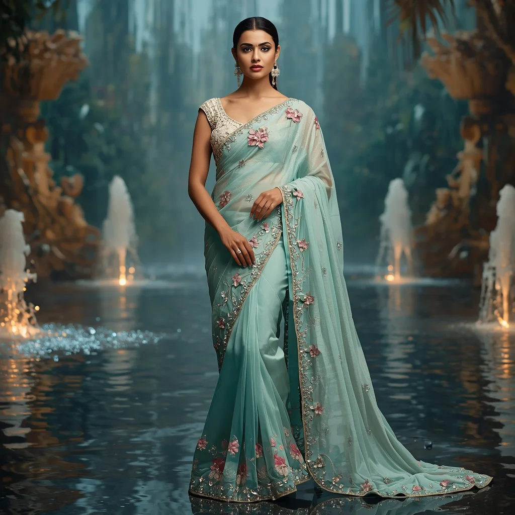 Luxury Aqua Lotus Empress Saree Fashion with Water Crystal Paradise Background | Instagram Prompt For Traditional Look For Girl