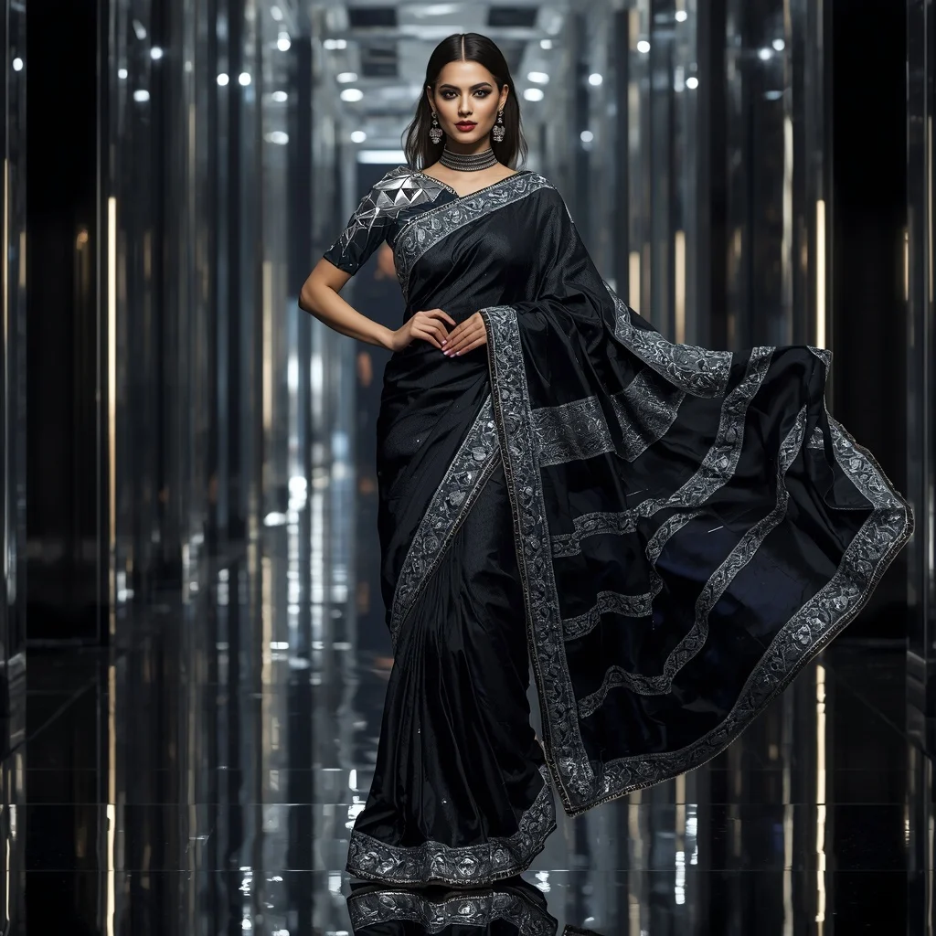 Luxury Black Chrome Saree with Fierce Catwalk Editorial Twist and Digital Silver Reflection Hall Background | Prompt For Girls Trending