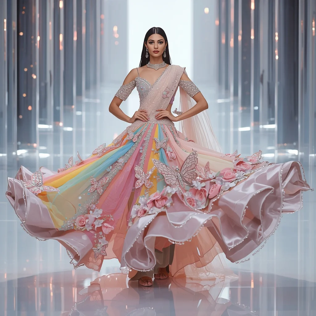 Luxury Butterfly Crystal Garden Saree with Floating Prism Hall | Text To Image Prompt