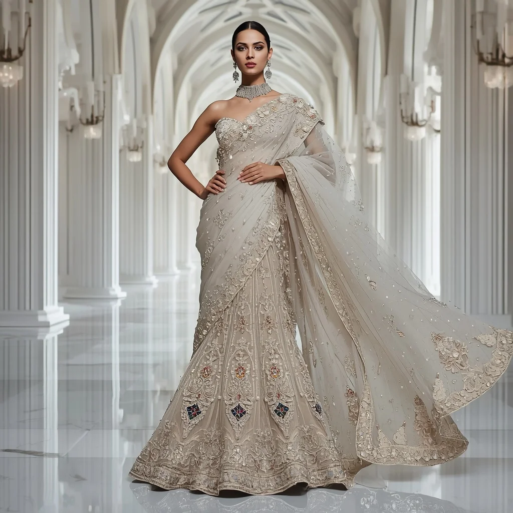 Luxury Crystal Cathedral Saree with Grand White Fashion Atrium | Gym Influencer Ai Prompt