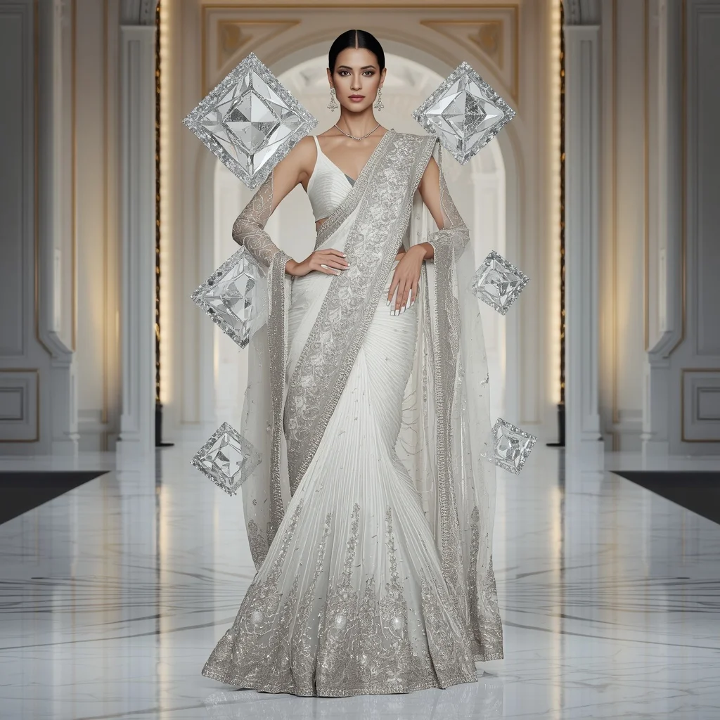 Luxury Diamond Wave Saree with White Designer Runway Palace | South Indian Prompt For Girl ChatGPT