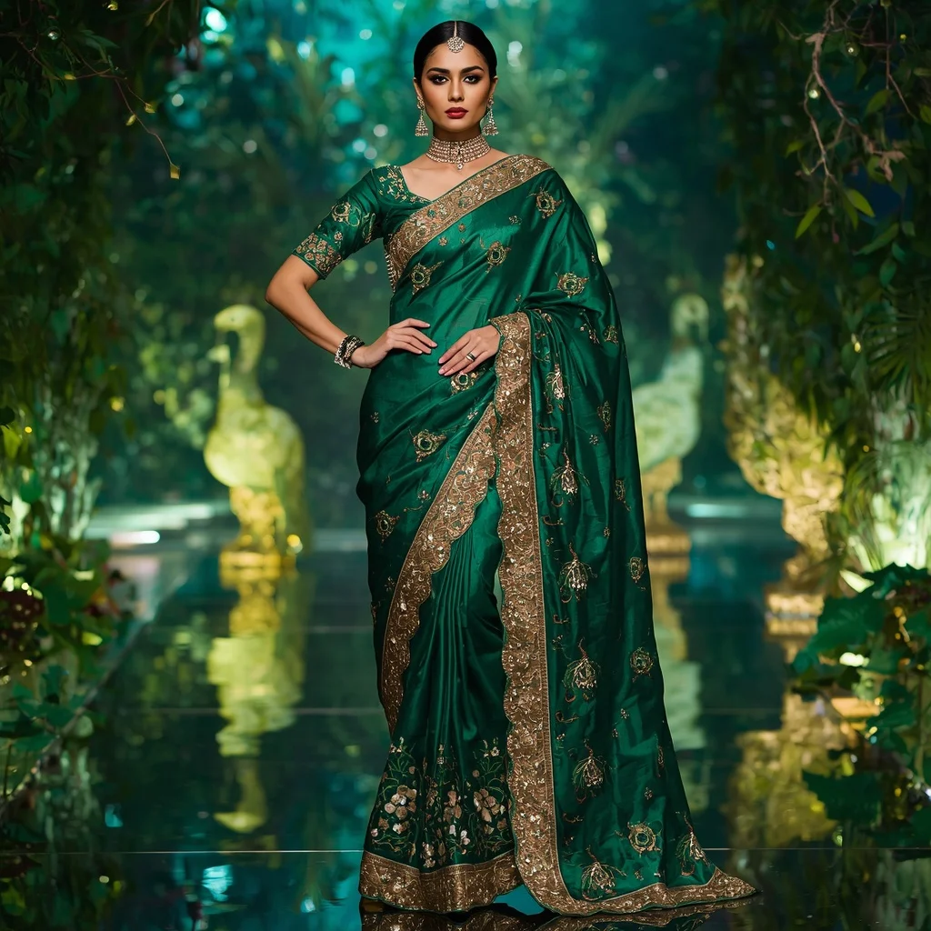 Luxury Emerald Peacock Garden Saree Fashion with Crystal Forest Palace Background | Creative Ai Prompt