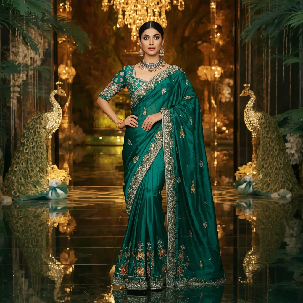 Luxury Emerald Peacock Majesty Saree Fashion with Crystal Jungle Palace Background | Happy Ai Prompt