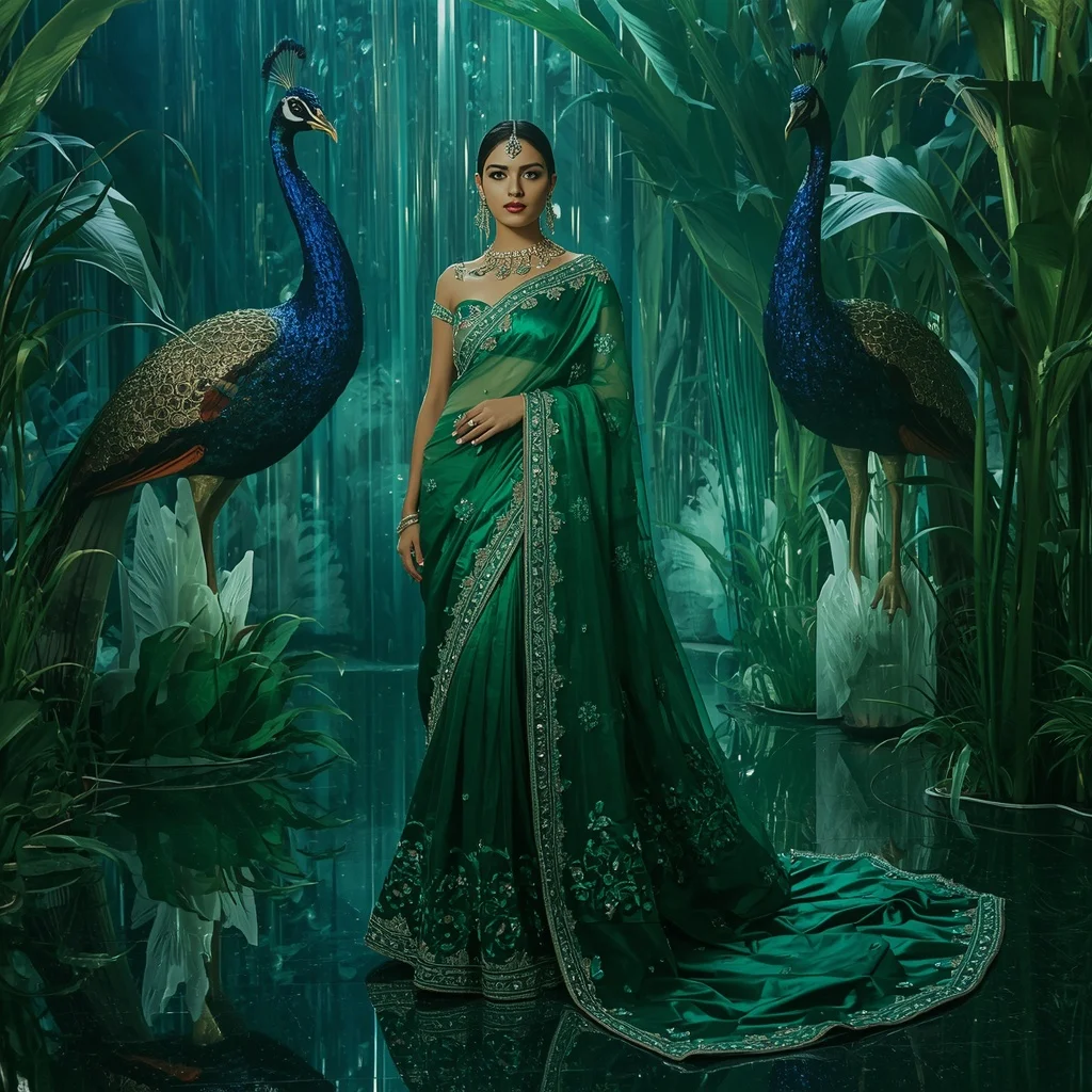 Luxury Emerald Peacock Palace Saree Fashion with Crystal Rainforest Kingdom Background | Selfie Prompt