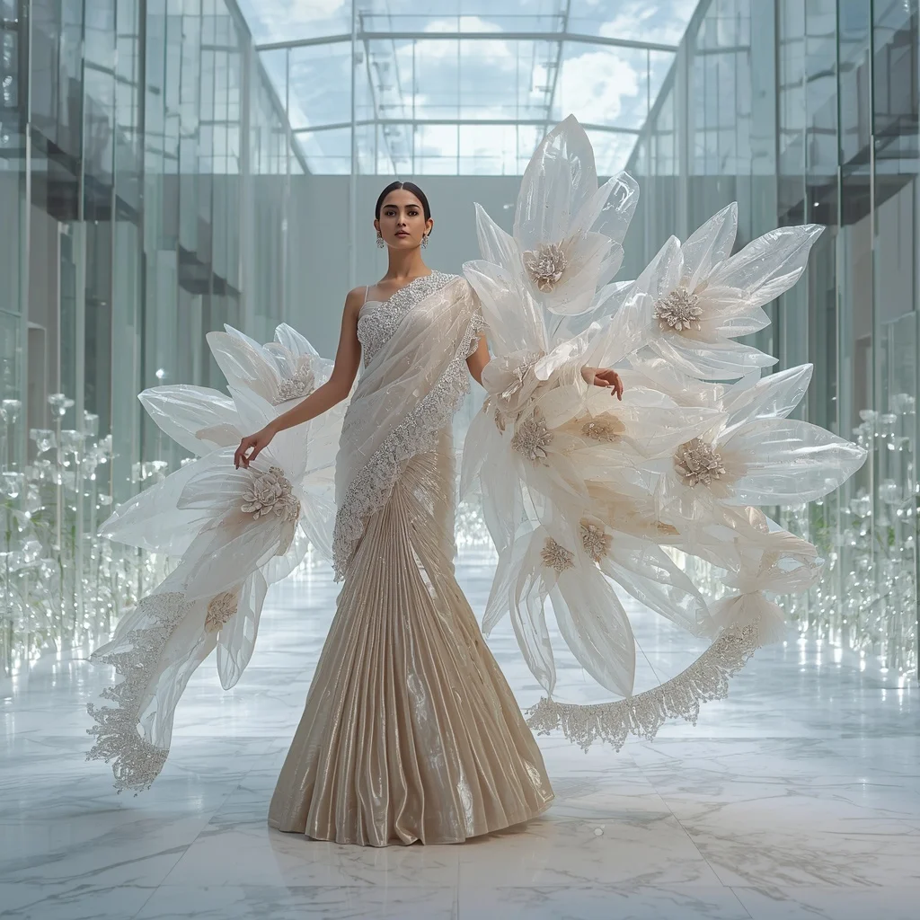 Luxury Floating Glass Petal Saree with Crystal Sky Atrium | Female Model Ai Prompt