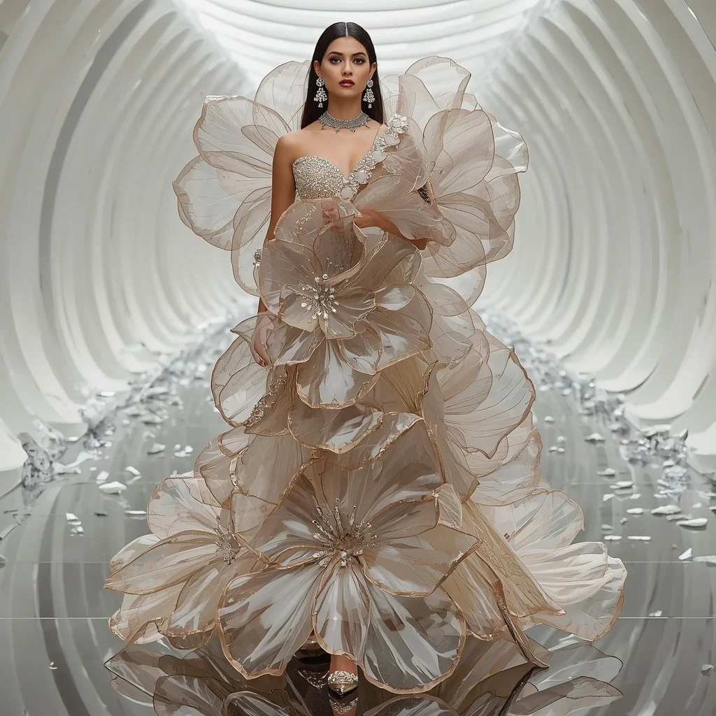 Luxury Floating Glass Petal Saree with Infinity Reflection Atrium | New Instagram Trend Prompt For Girl And Boy