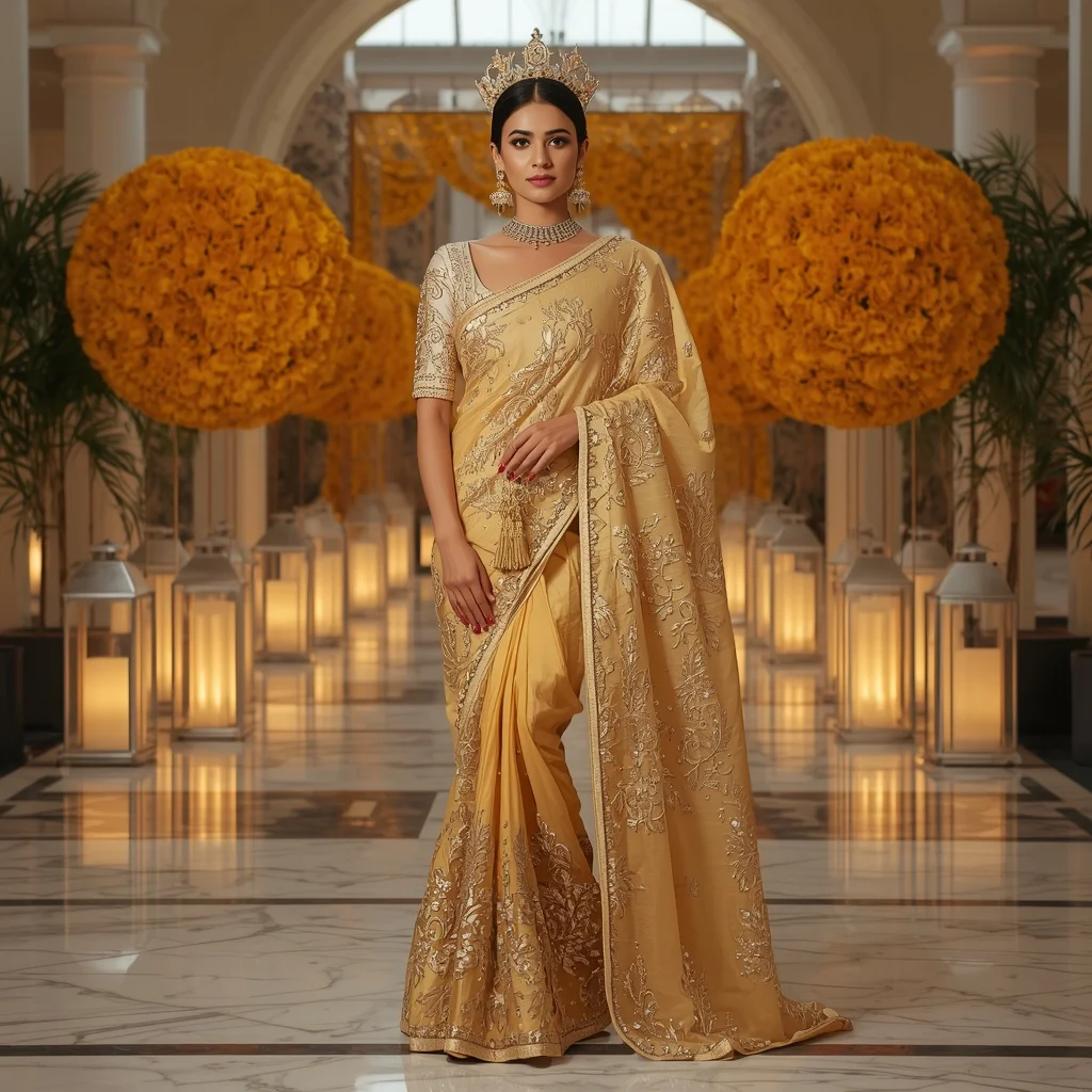 Luxury Golden Marigold Crown Saree Fashion with Crystal Celebration Courtyard Background | Prompt Seen Gemini Girl Instagram