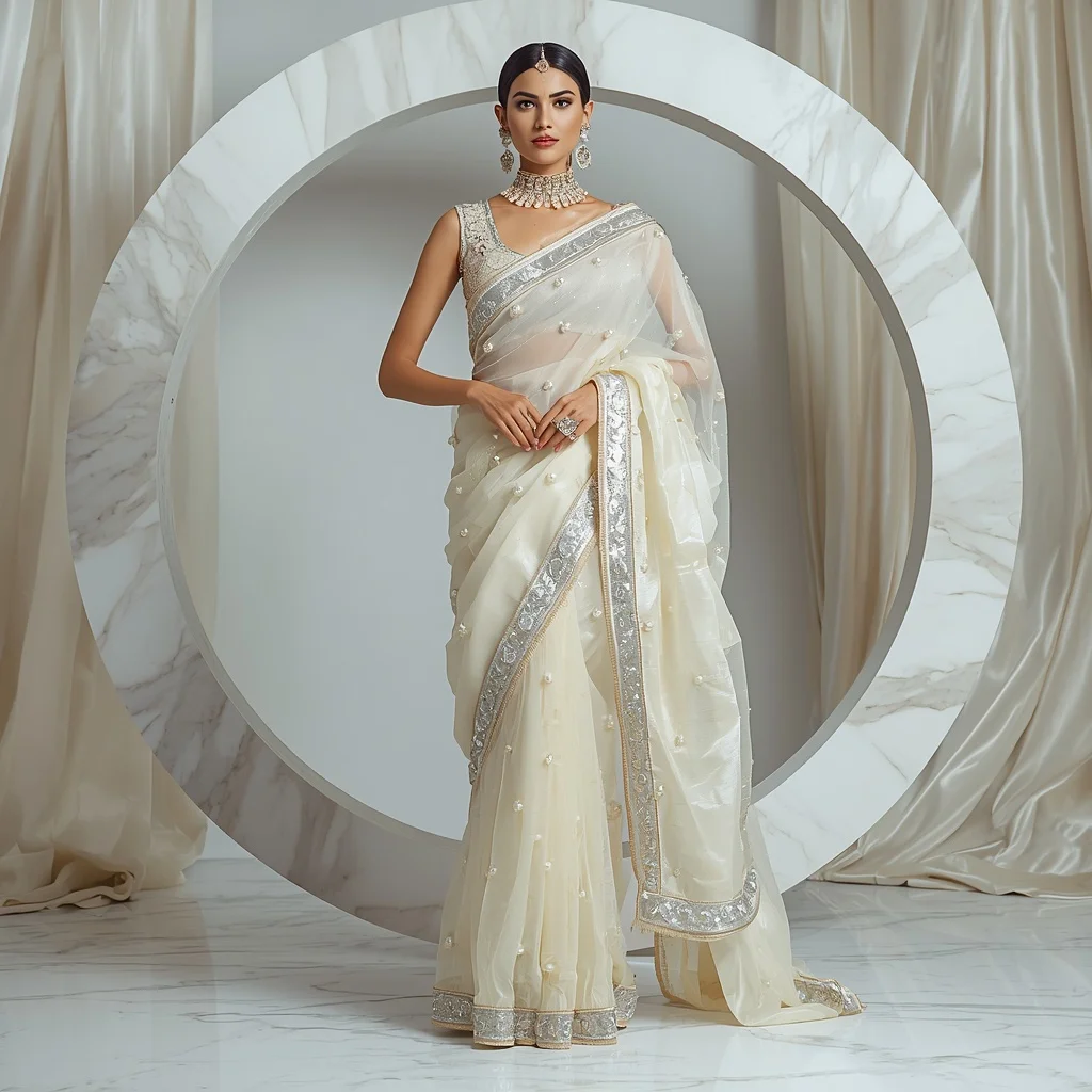 Luxury Ivory Moon Pearl Saree with Elegant Marble Editorial Air Spiral and Floating Silk Reflection Ring Background | Prompt Ai