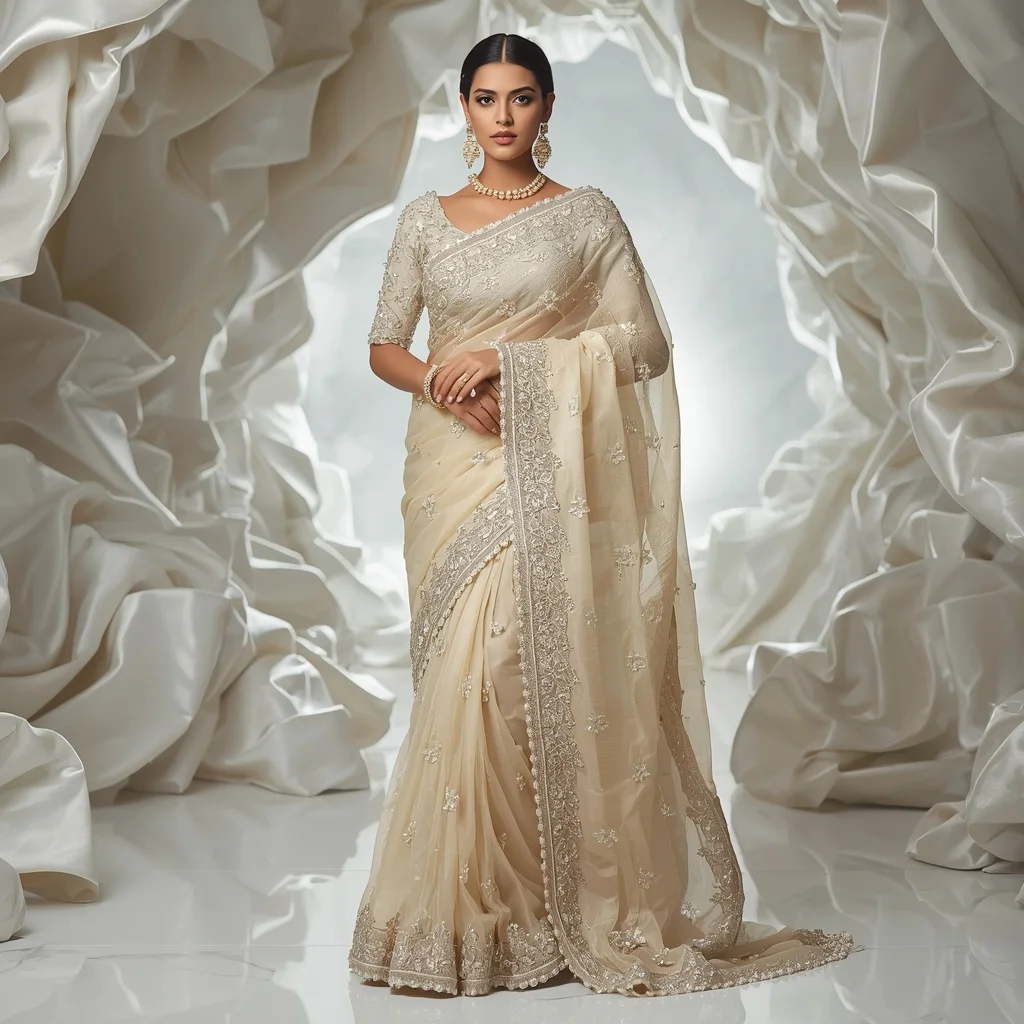 Luxury Ivory Pearl Blossom Saree with Elegant Marble Editorial Twist and Floating Silk Reflection Tunnel Background | Gemini Ai Prompt Copy Paste