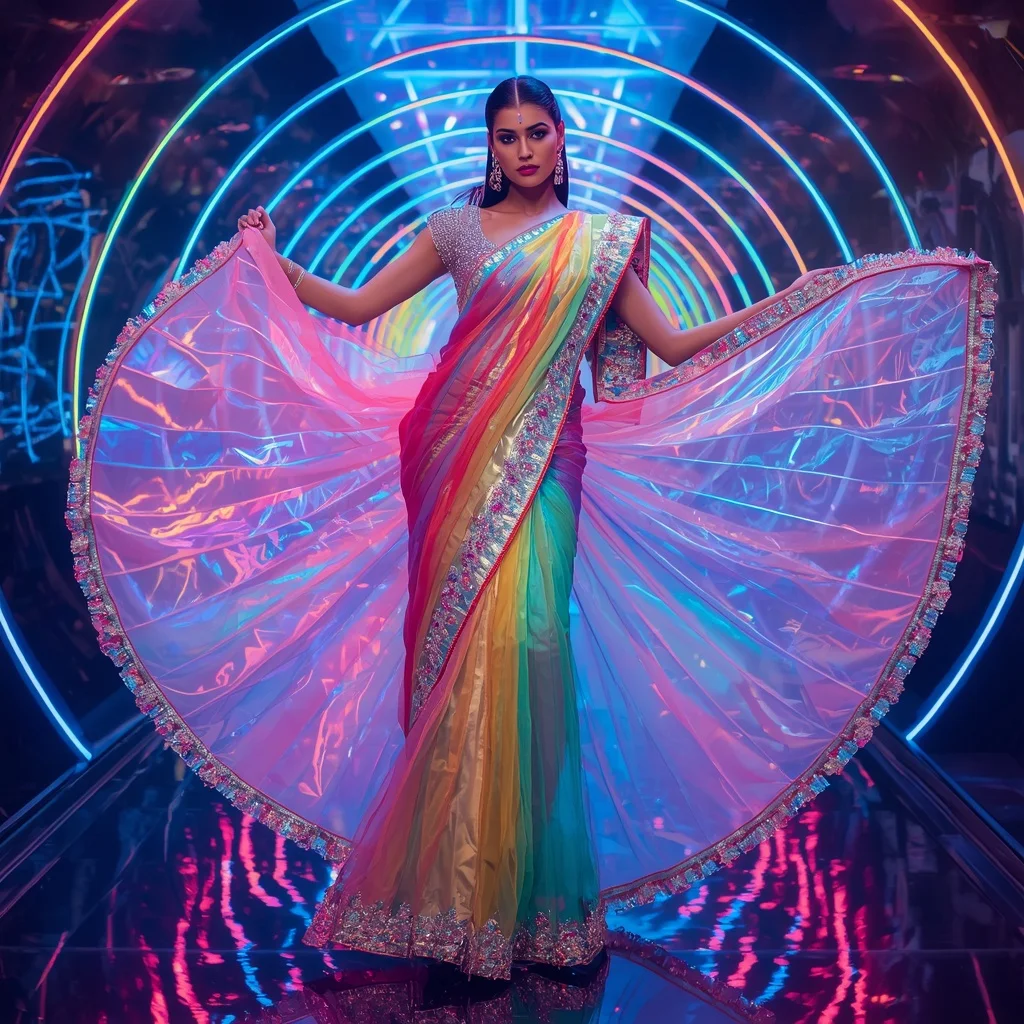 Luxury Rainbow Aurora Saree with Dynamic Fashion Editorial Spiral and Holographic Reflection Tunnel Background | Prompt Seen Trending Girl Instagram