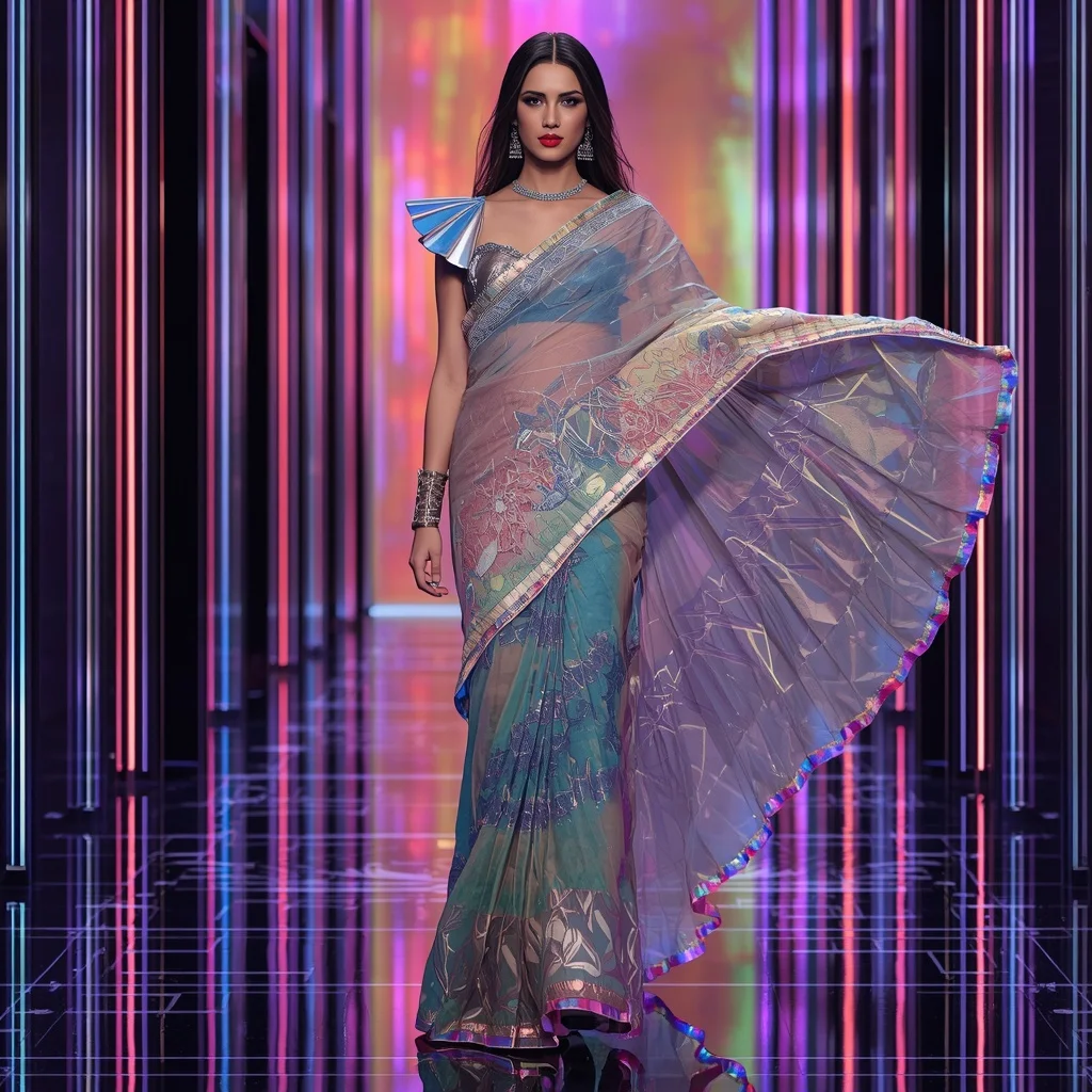 Luxury Rainbow Prism Saree with Dynamic Fashion Editorial Walk and Holographic Reflection Hall Background | Gemini Ai Prompt For Girl