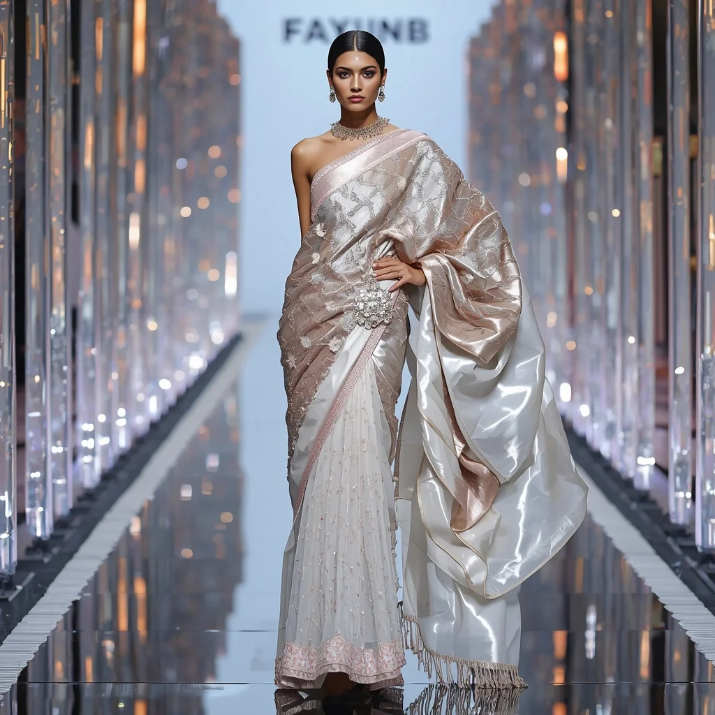 Luxury Ribbon Dahlia Saree with Floating Crystal Walkway | Instagram Girl Gemini Prompt