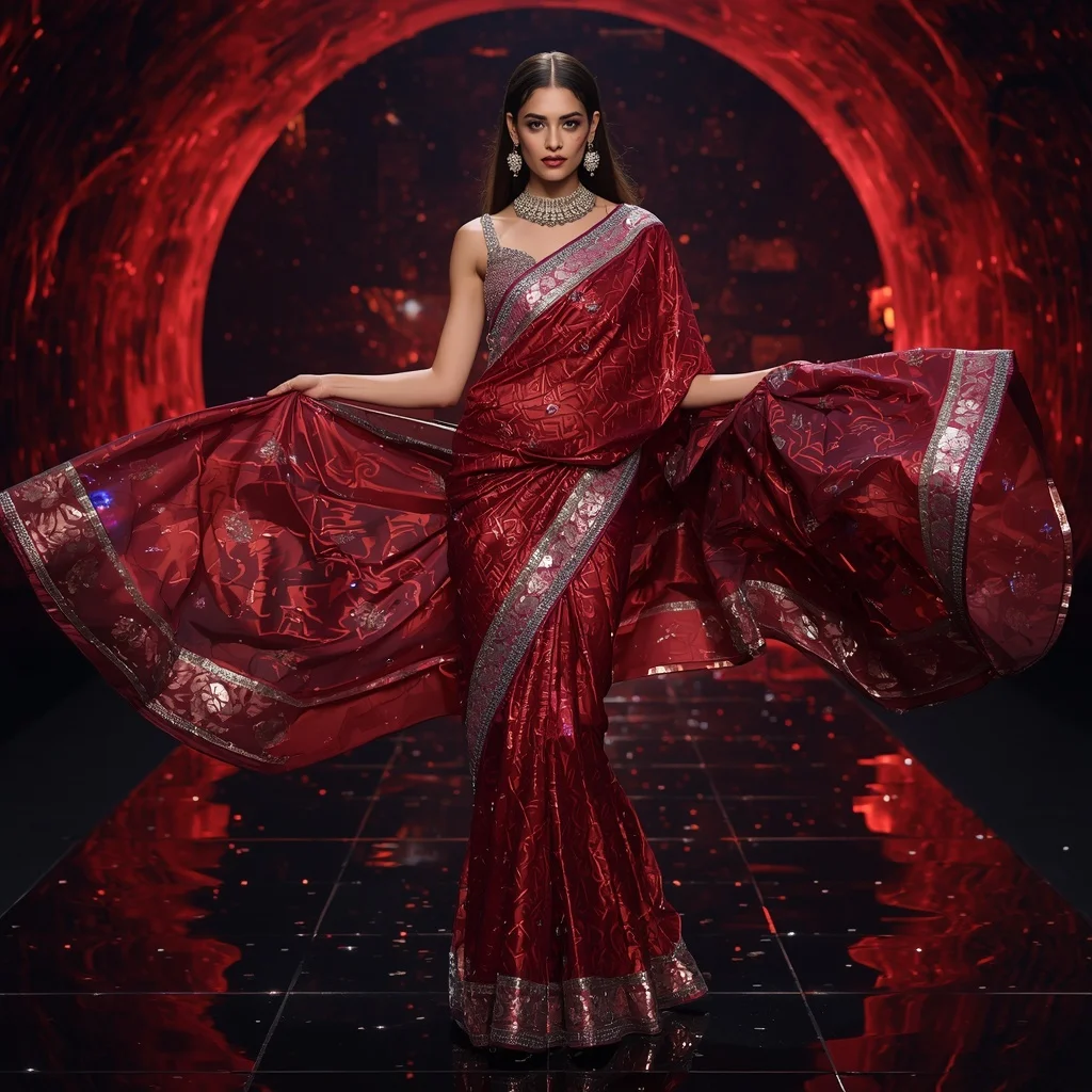 Luxury Ruby Galaxy Saree with Fierce Runway Editorial Air Twist and Digital Fire Reflection Dome Background | Prompt Seen Girl