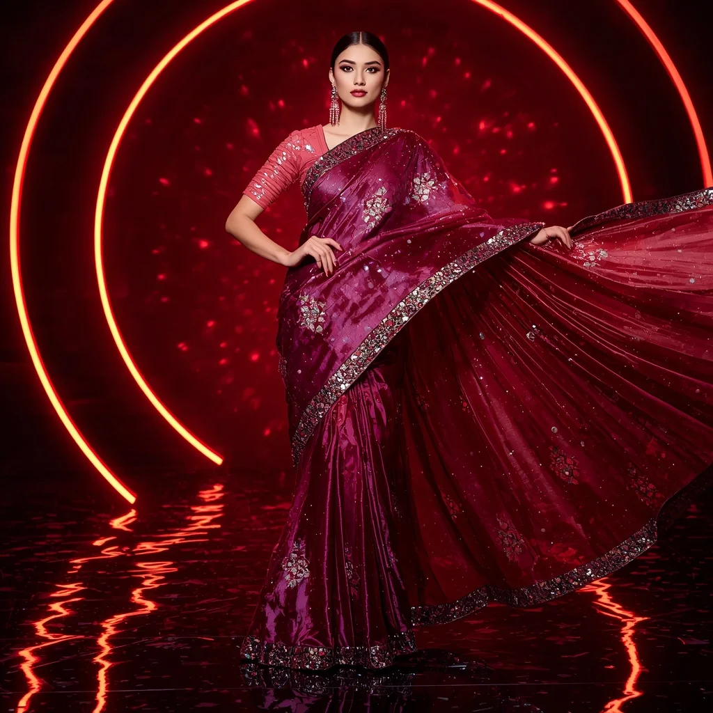 Luxury Ruby Galaxy Saree with Fierce Runway Editorial Air Twist and Digital Fire Reflection Ring Background | Female Model Ai Prompt
